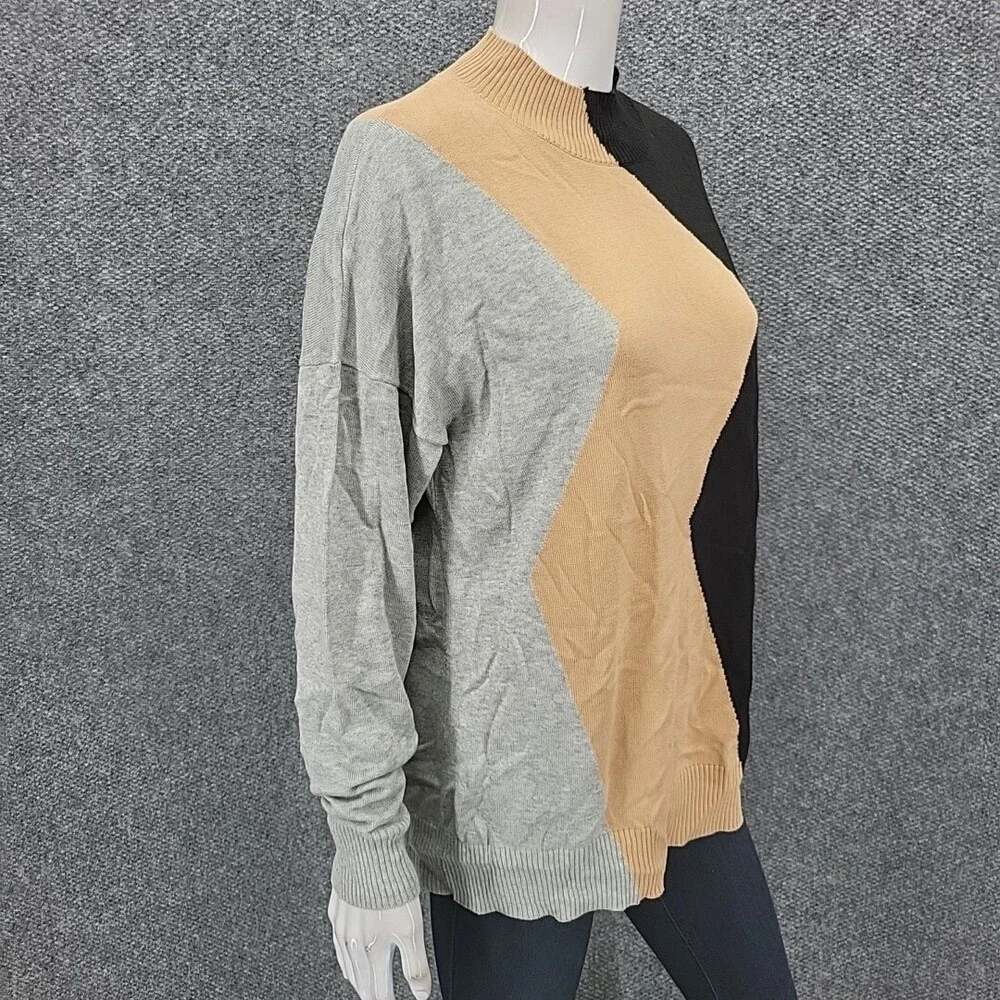 Belle by Kim Gravel Zig Zag Color Block Sweater Medium Size Black Beige Pullover